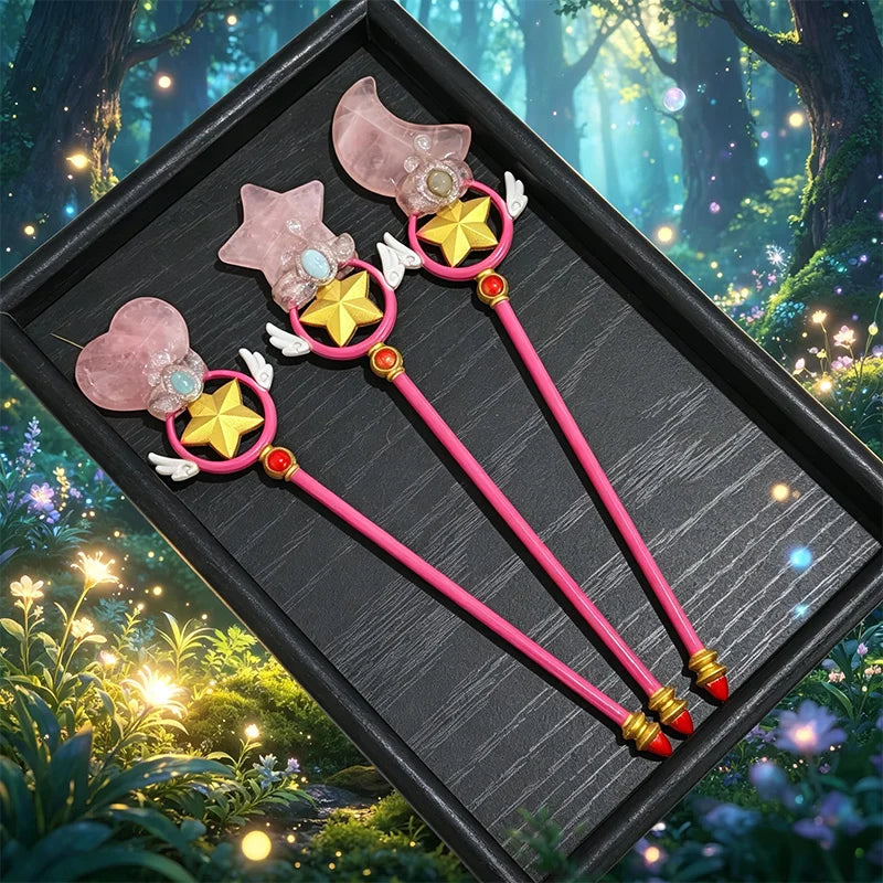Natural Crystal Magic Wand Magical Girl Star Moon Fairy Wand Rose Quartz Amethyst Stick for Cosplay Party Home - Standard