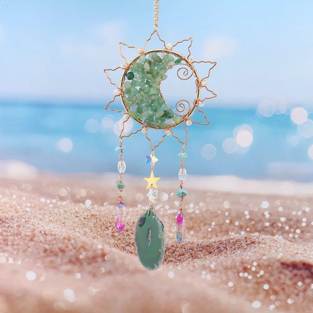 Natural Green Aventurine Moon Sun Catcher Agate Slice Crystal Prism Hanging Ornament Window Wall Decor Stone - Standard