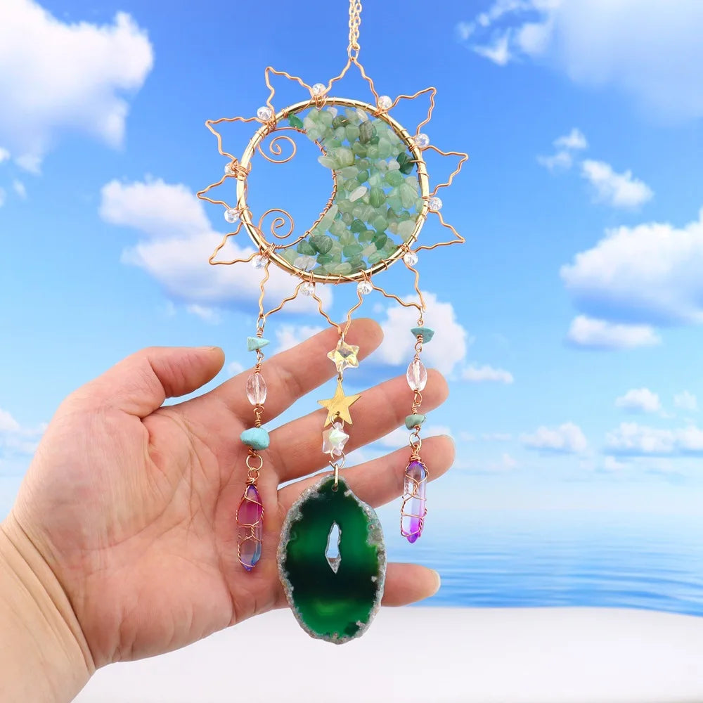 Natural Green Aventurine Moon Sun Catcher Agate Slice Crystal Prism Hanging Ornament Window Wall Decor Stone