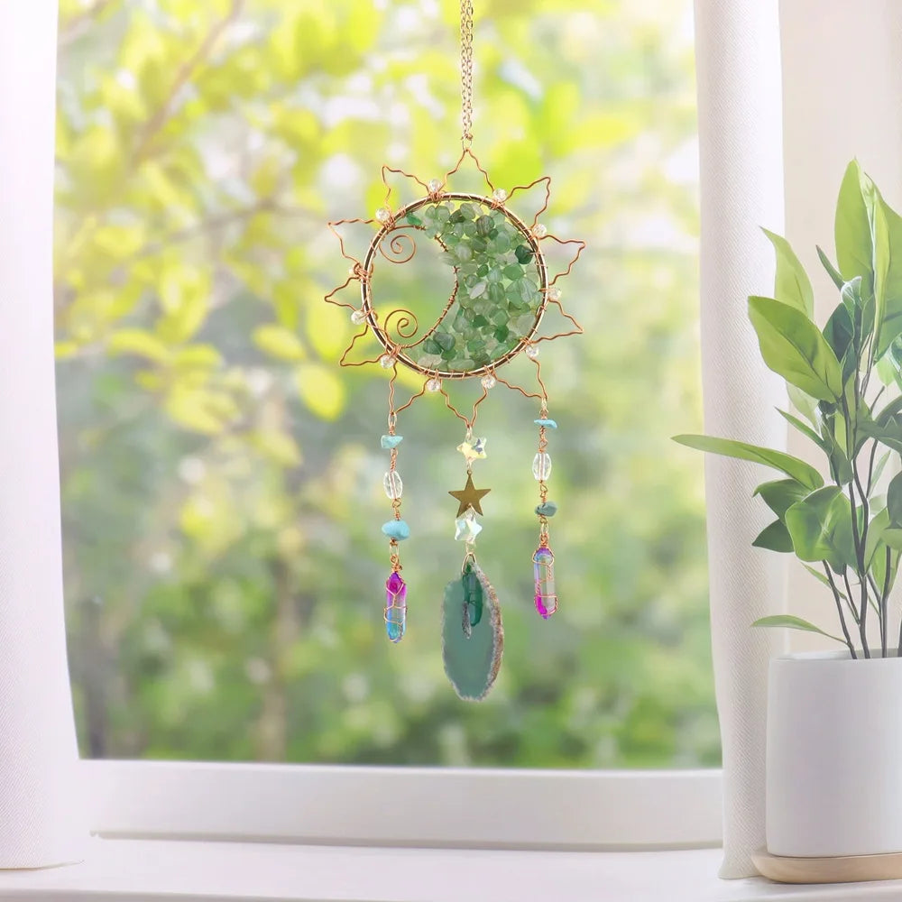 Natural Green Aventurine Moon Sun Catcher Agate Slice Crystal Prism Hanging Ornament Window Wall Decor Stone