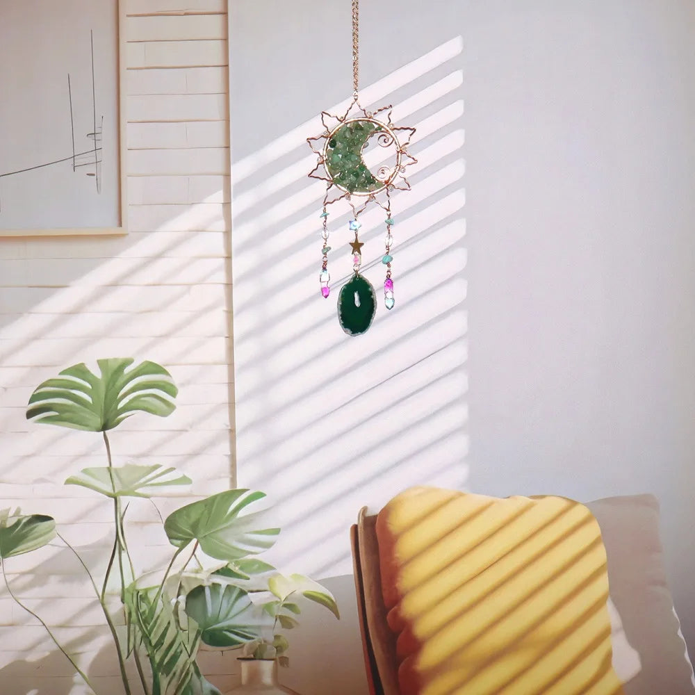 Natural Green Aventurine Moon Sun Catcher Agate Slice Crystal Prism Hanging Ornament Window Wall Decor Stone