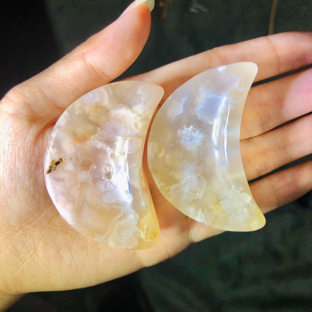 Natural Quartz Flower Agate and Moss Agate Carving Moon Bowl for Home Decor Shaped Craft Gift
