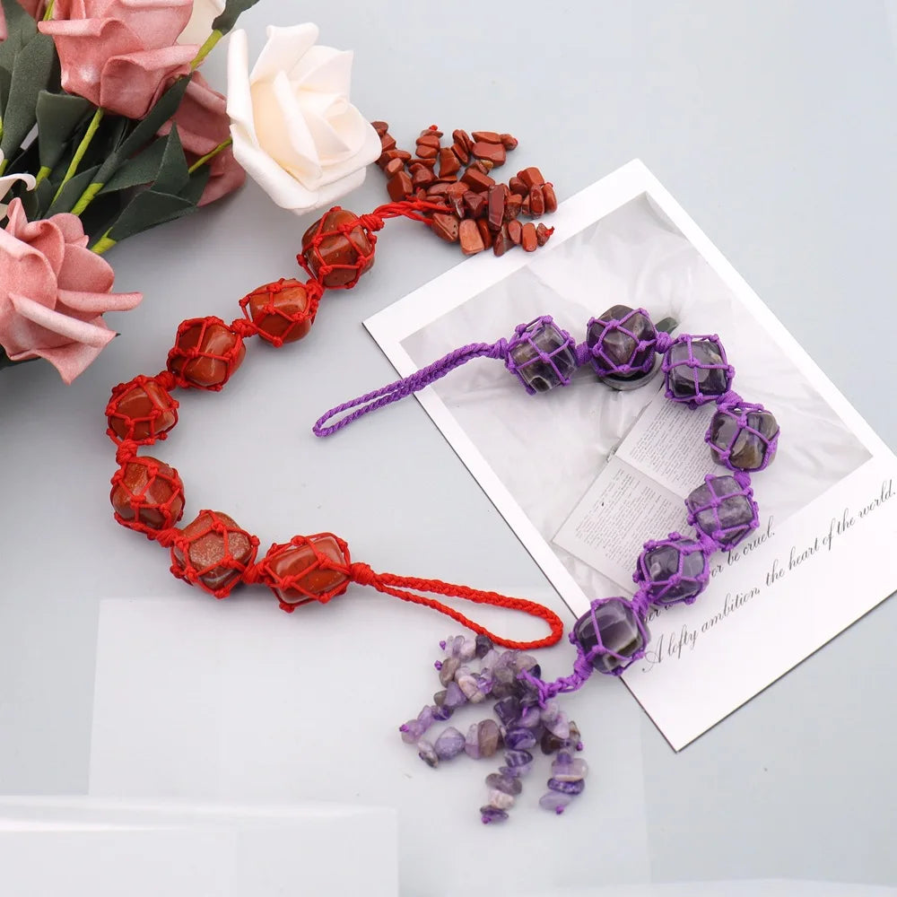Natural Tumbled Crystal Macrame Car Hanging Red Jasper Amethyst Tiger Eye Stone Charm Crystal Home Wall Decor