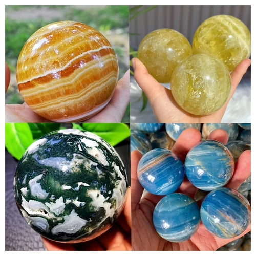 50mm Natural Crystal Polished Sphere Yellow Calcite/Moss Agate/Blue Onyx/Citrine for Home Decor