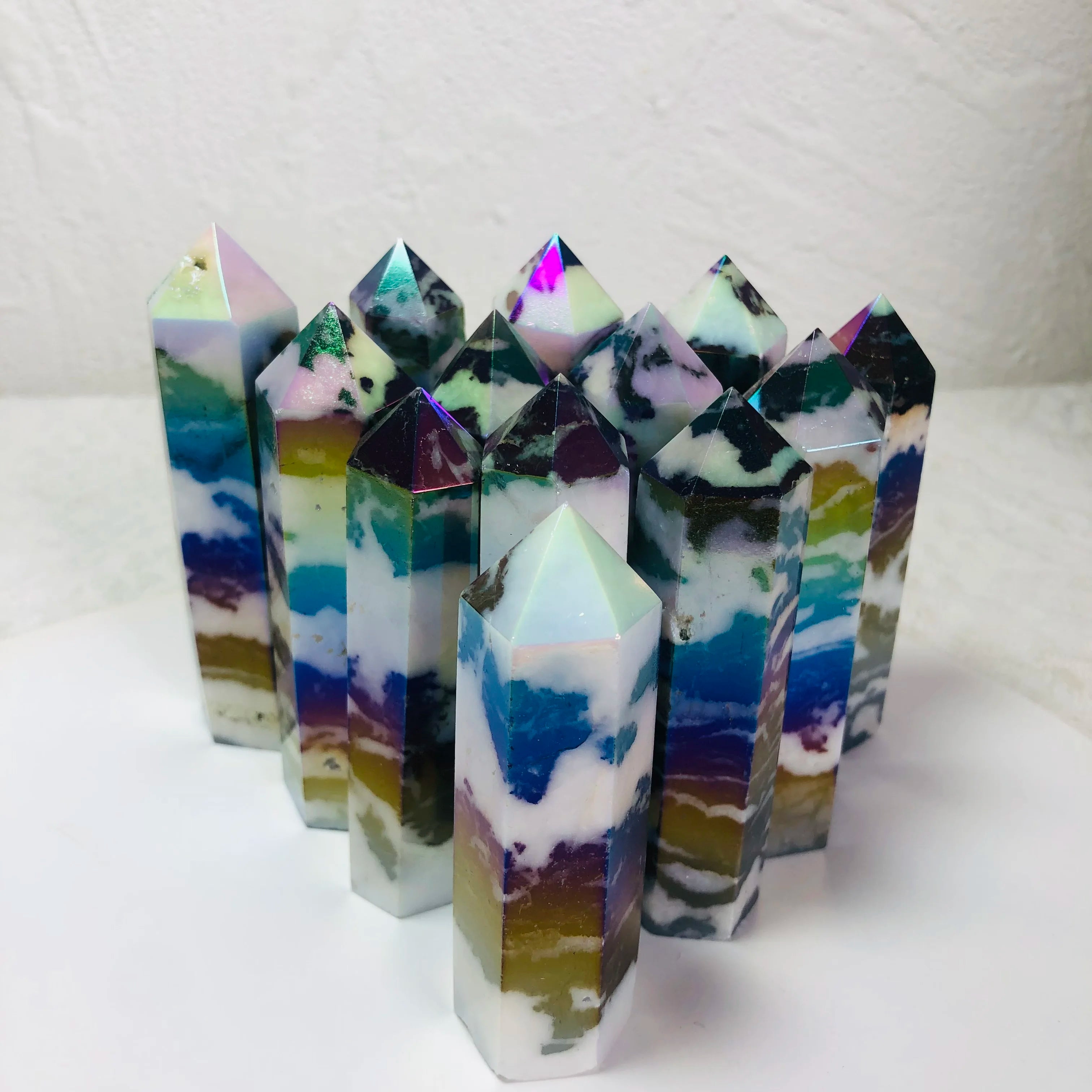 Striped Zebra Jasper Tower Electroplated Rainbow Crystal Point Obelisk for Craft Gift