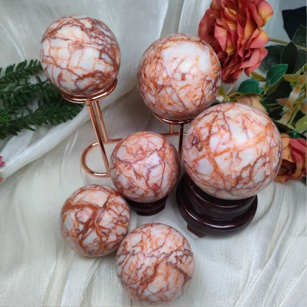 Hand-Carved Polished Crystal Ball Natural Red Network Stone Sphere for Decoration