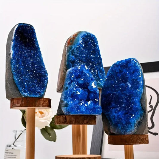 Manmade Blue Cluster Raw Stone Crystal Blue Geode Druzy Crystal Stand for Decoration