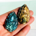 Labradorite Nine Tailed Fox Carving Handmade Flat Carved Crystal Fox Sculpture Home Office Desk Decoration