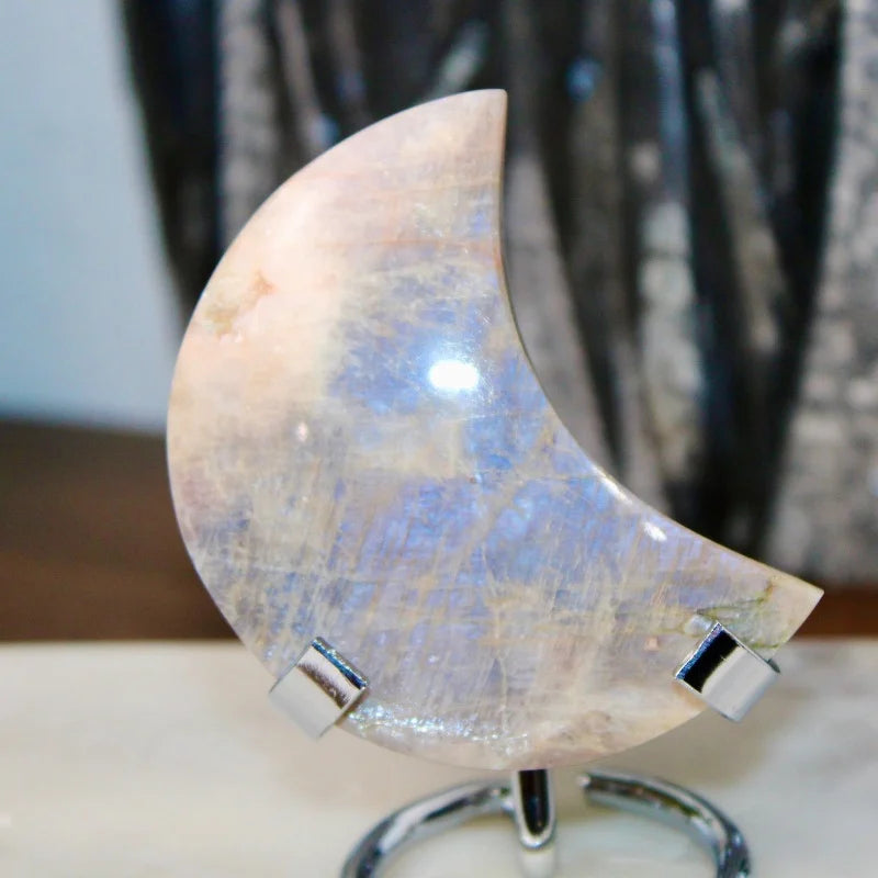 Natural Blue Flashy Moonstone Carving Polished Crystal Crafts Carving Blue Moonlight Moon Decor or