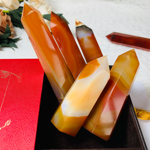 Natural Carnelian Red Banded Agate Point Polished Crystal Tower for Decor Gift