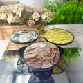 Natural Crazy Lace Agate Round Slice Display Plate with Metal Stand Polished Slab Crystal Coaster Home Tabletop