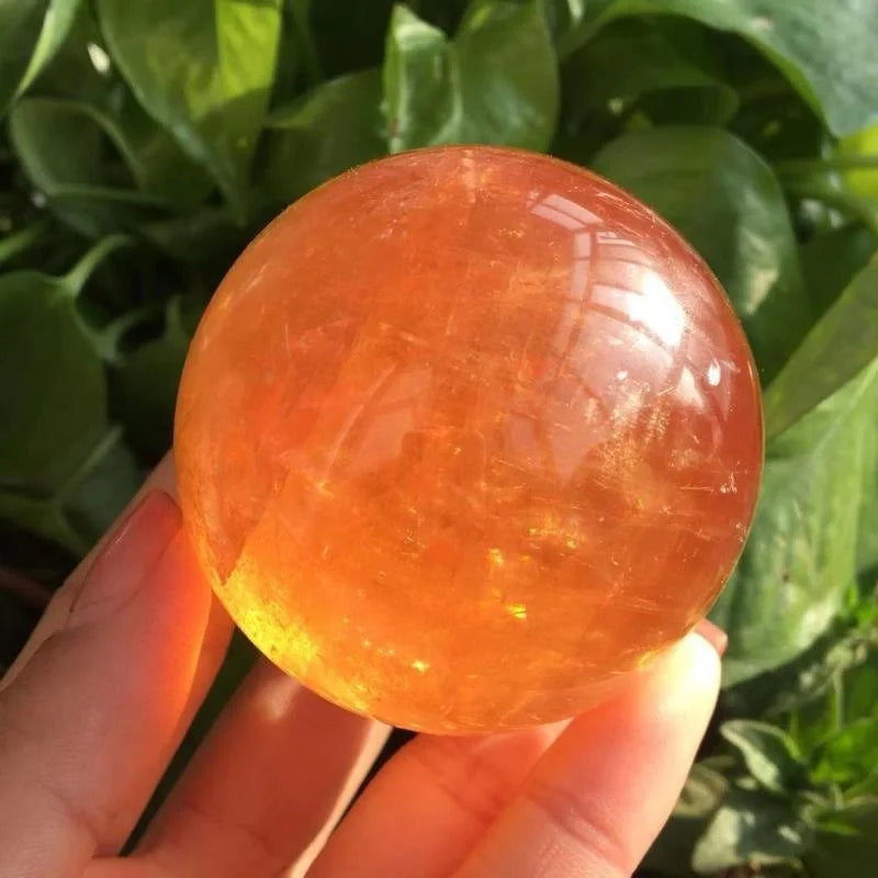 Natural Honey Calcite Sphere Decorated With rainbow Crystal Orange Icelandic Calcite Balls