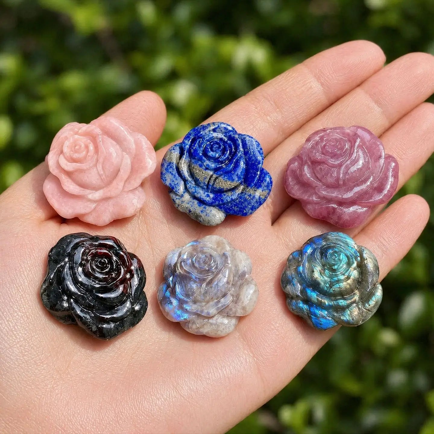Natural Labradorite Rose Crystal Flower Shape Craft Craving Stone Blue Light Flash for Gift Home Dec