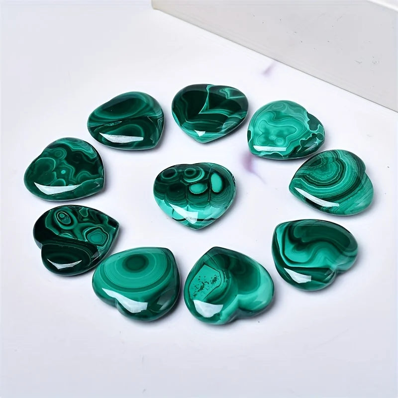 Natural Malachite Palm Stone and Carved Heart Polished Green Malachite Handheld Ornament for Home Desktop Decor