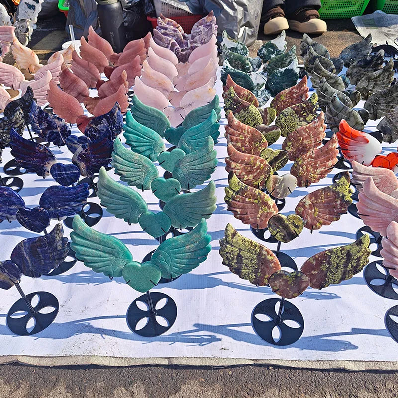 Natural Mixed Material Heart Wing Sodalite Moss Agate Crystal Quartz Engraved Craft for Decoration