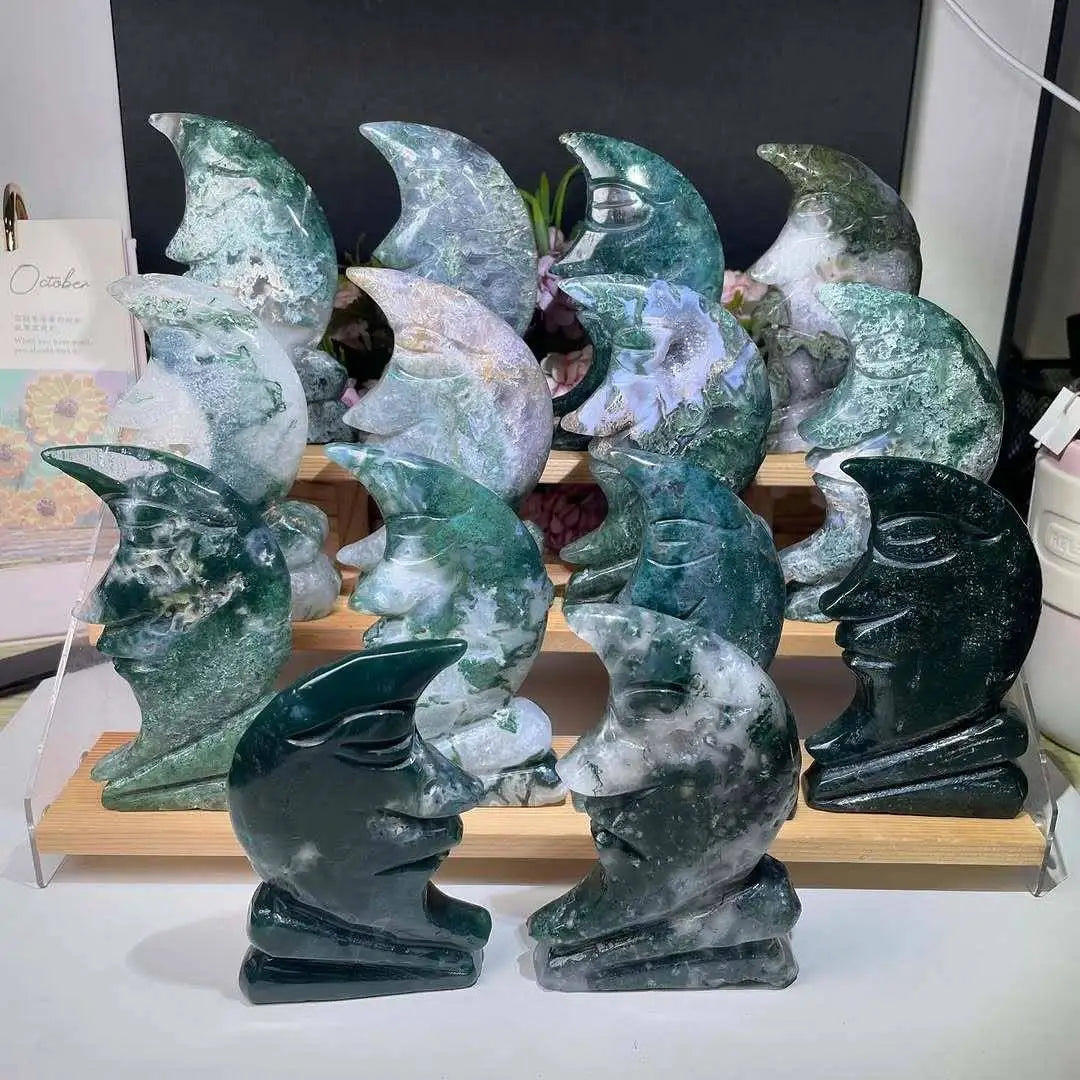 Natural Moss Agate Moon Face Polished Moss Agate Ornament for Home Desktop Decor Crystal Decor