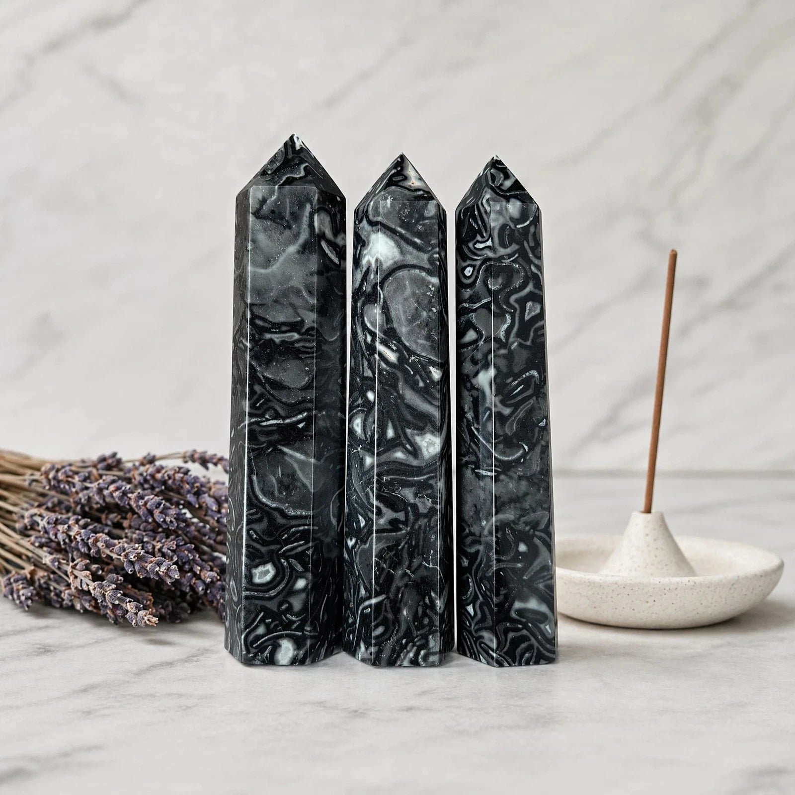 Natural Picasso Black Crazy Agate Tower Point Crystal Home Collection