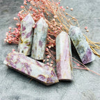 Natural Pink Spot Plum Blossom Tourmaline Point Crystal Tower for Ornament