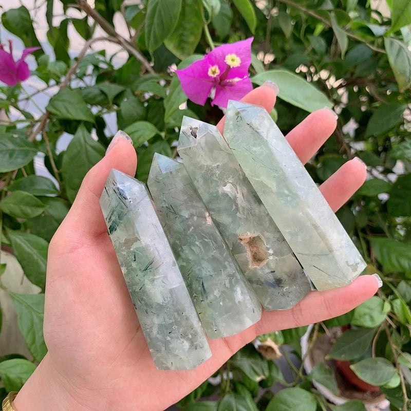 Natural Prehnite Black Rutiled Quartz Point Crystal Tower for Decoration