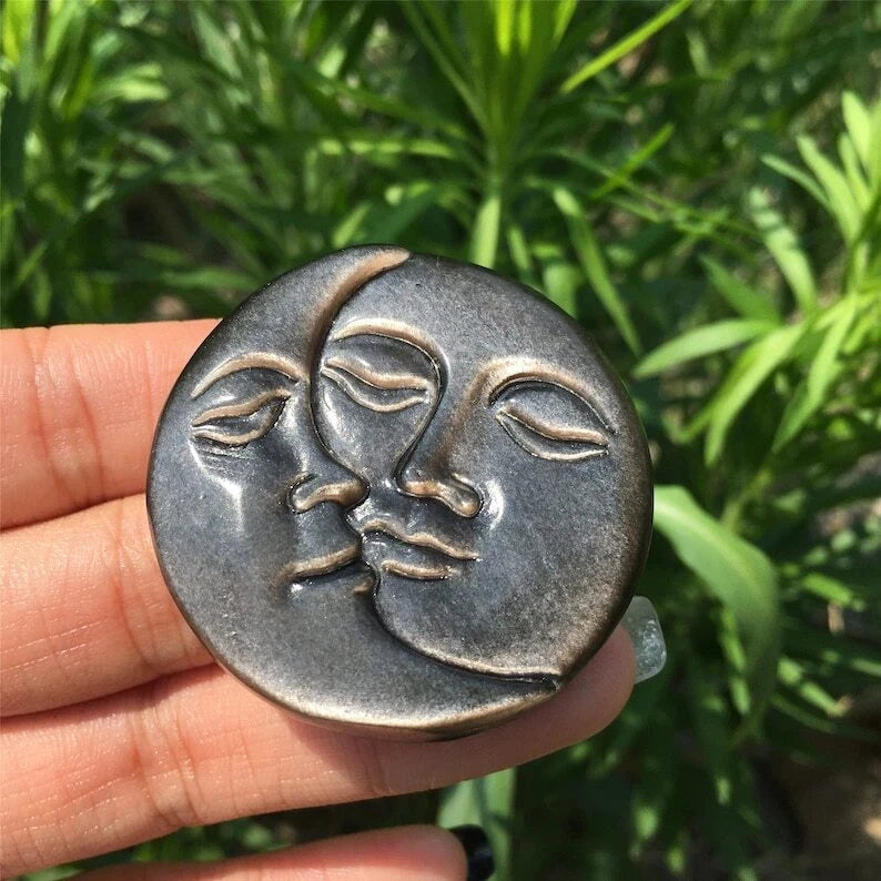 Natural Silver Obsidian Sun Moon Crystal Carved Mineral for Decoration