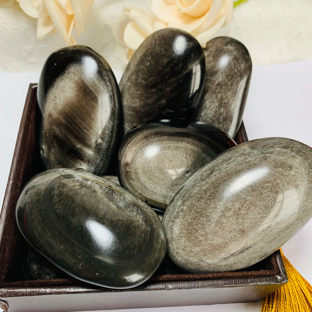 Natural Silver Sheen Obsidian Palm Stone Polished Stone Crystal Pocket Stone