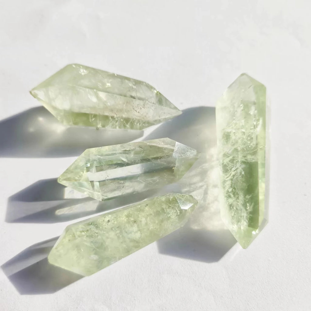 Natural Transparent Green Quartz Double Terminated Prasiolite DT Crystal Tower for Decor