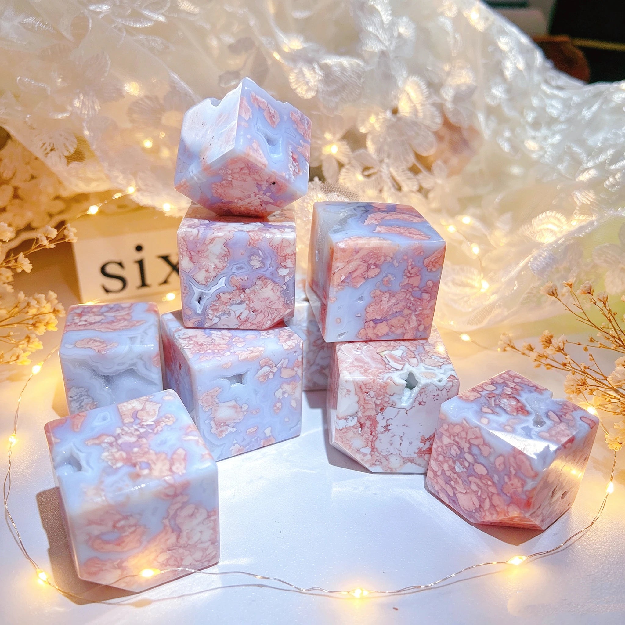 Pink Agate Cube Geode Natural Crystal Stone Druzy Candy Agate Cube for Decoration