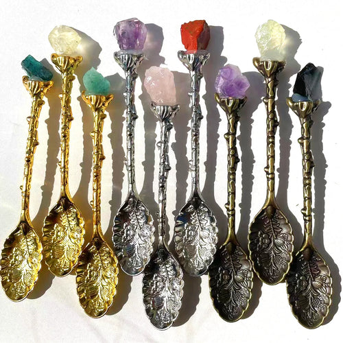 Price 12cm Amethyst Mini Cluster Flower Crystal Tea Spoon Raw Stone Crystal Coffee Spoon - Standard