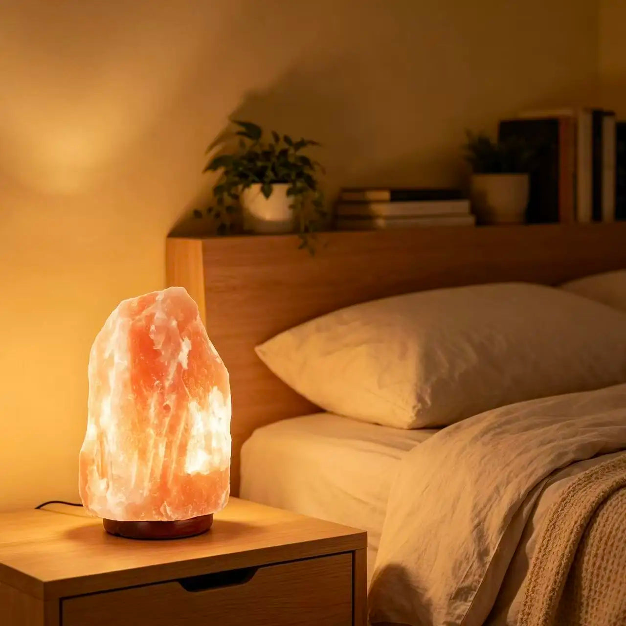 Raw Himalayan Salt Crystal Lamp Natural Pink Rock Salt Lamp Wooden Base Bedroom Living Room Decor Relaxing Lig