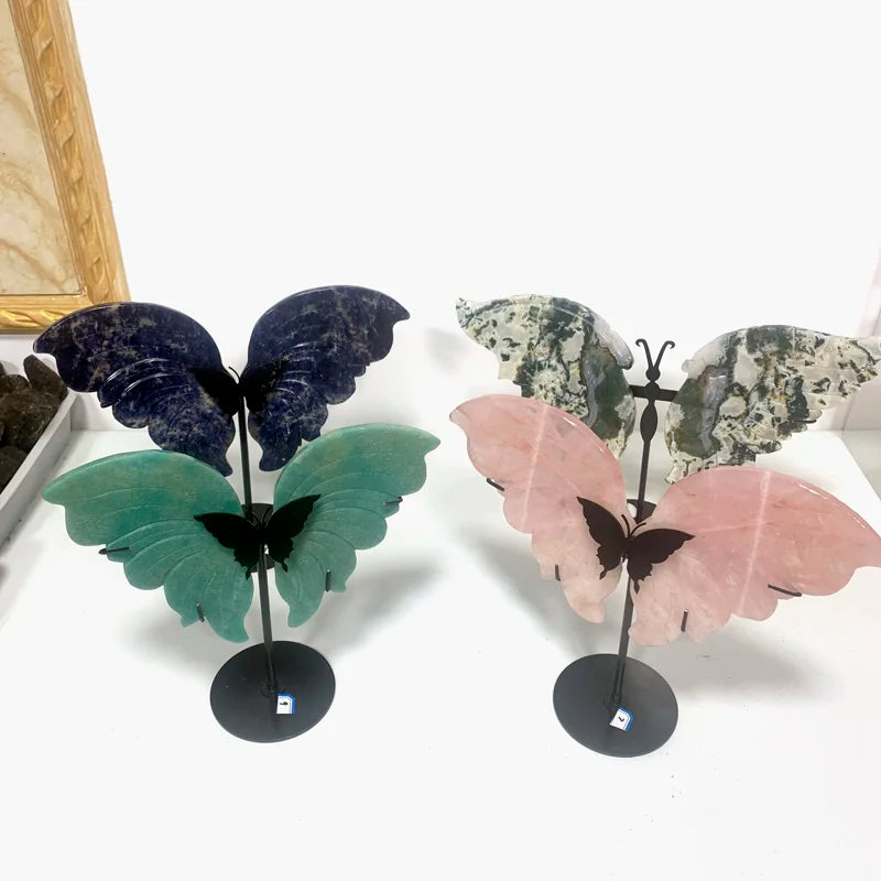 Rose Quartz Butterfly Wings Carvings Hand Engraved Crystal Crafts for Decorative Purposes