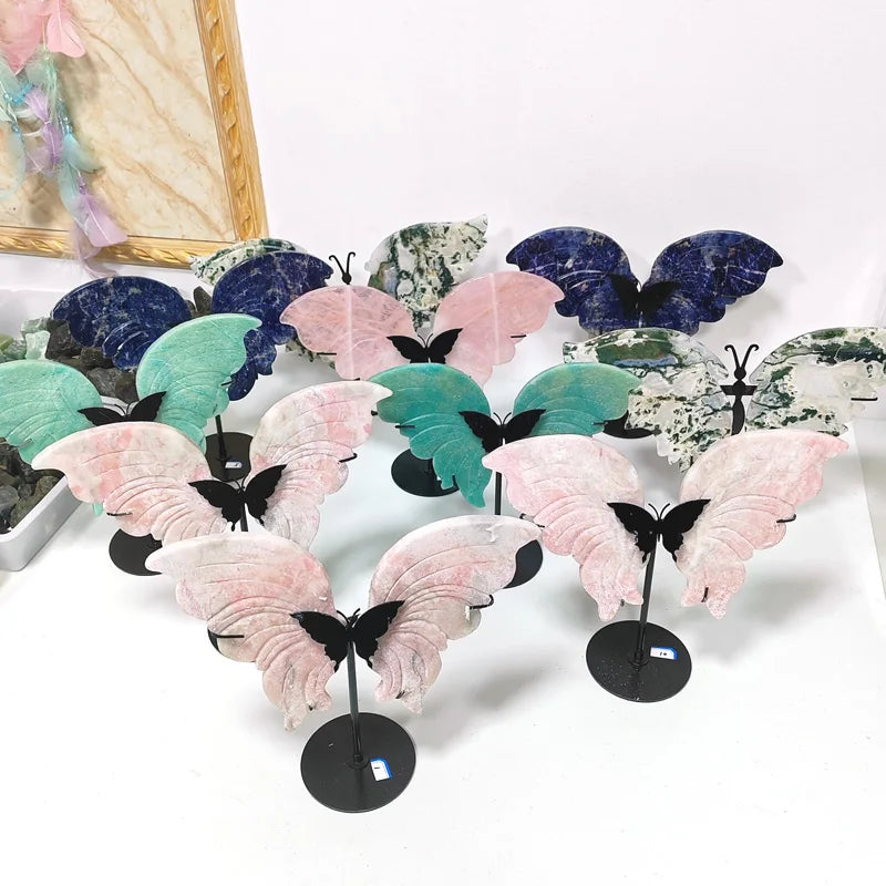 Rose Quartz Butterfly Wings Carvings Hand Engraved Crystal Crafts for Decorative Purposes