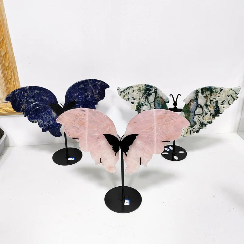 Rose Quartz Butterfly Wings Carvings Hand Engraved Crystal Crafts for Decorative Purposes