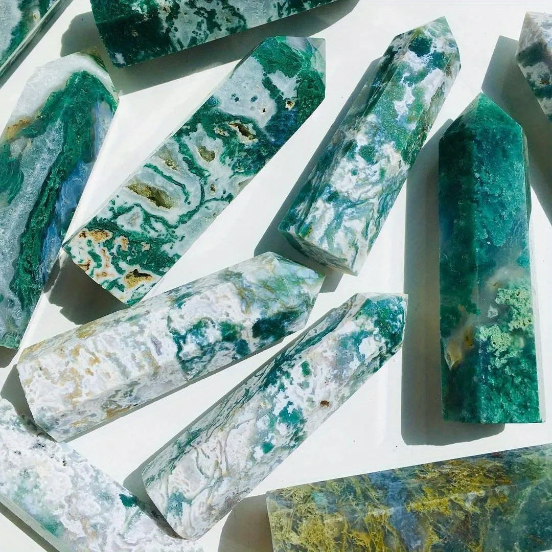 Selling Natural Green Moss Agate Tower Crystal Obelisk Rare Botanical Pattern Stone Mineral Collectible