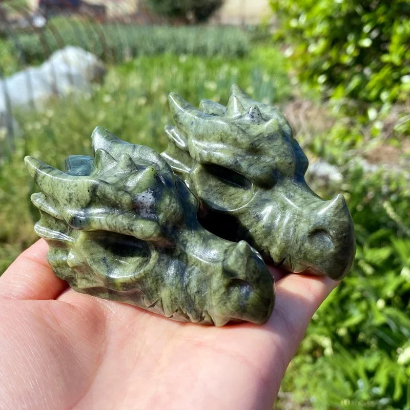 Xiuyan Jade Dragon Head Sculpture With Natural Gradient Green Layered Veins Exquisitely Hand Carved Detailed C