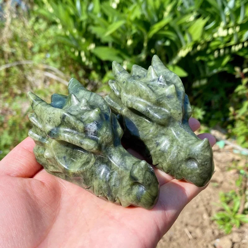 Xiuyan Jade Dragon Head Sculpture With Natural Gradient Green Layered Veins Exquisitely Hand Carved Detailed C