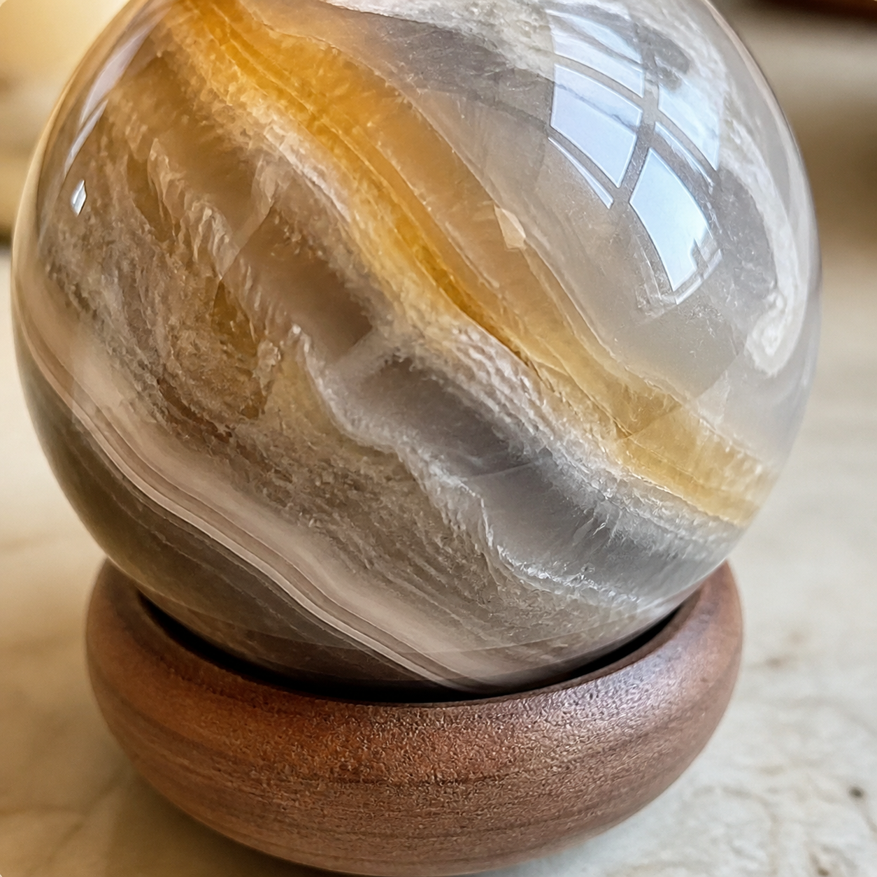 Natural Stone Sphere With Wood Stand