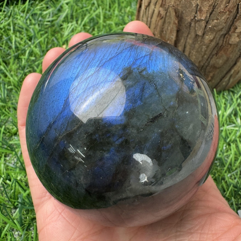 Natural Blue Labradorite Sphere 9-10 cm - hand-held scale view