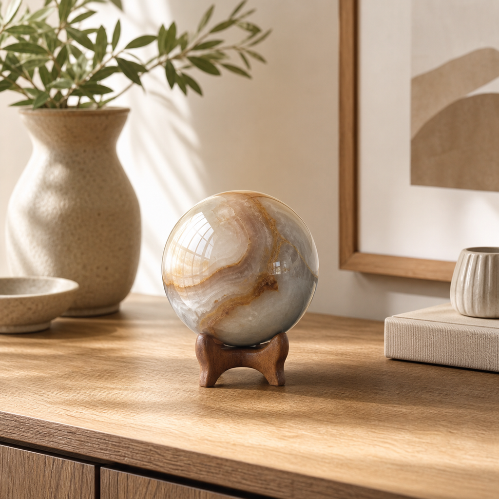 Natural Stone Sphere With Wood Stand