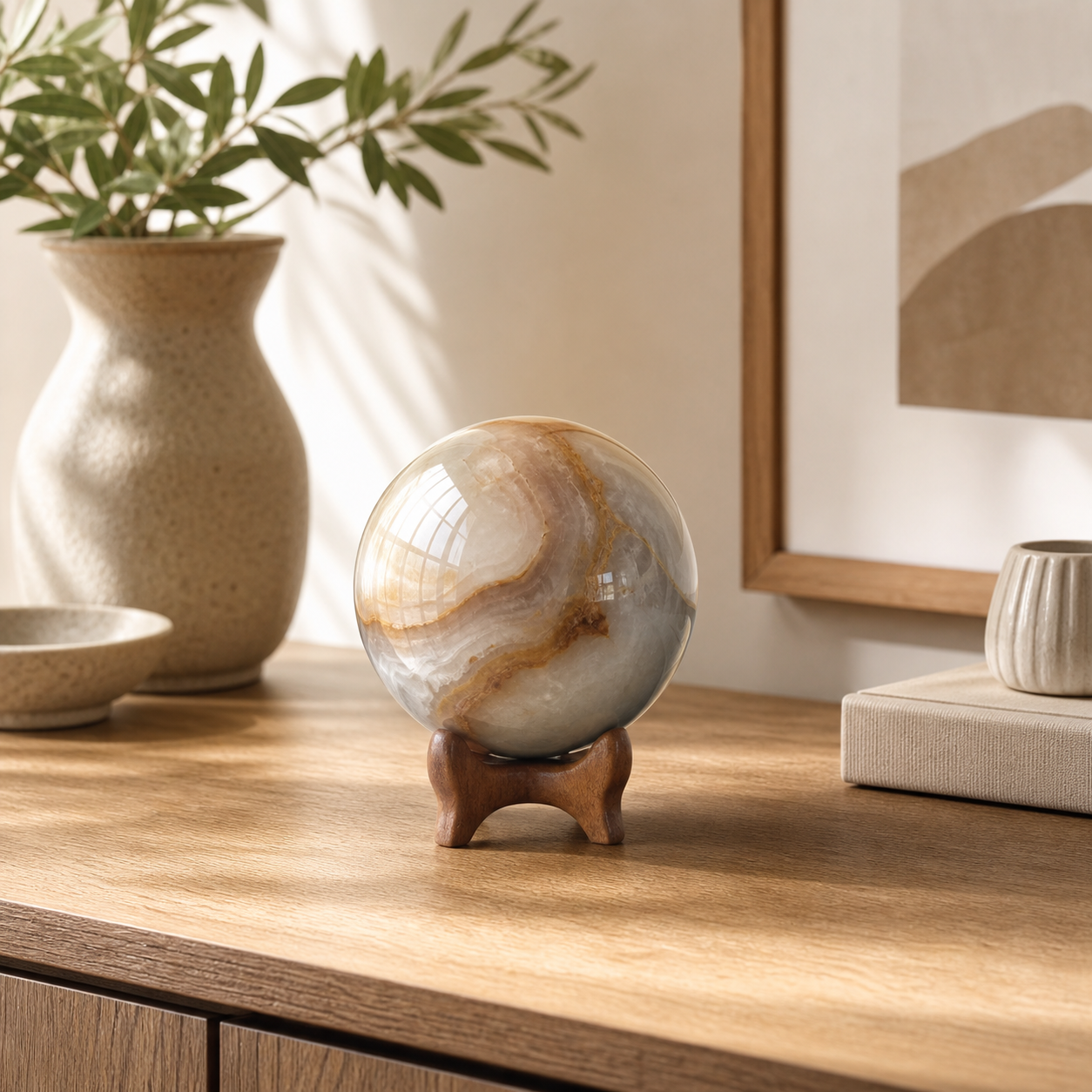 Natural Stone Sphere With Wood Stand