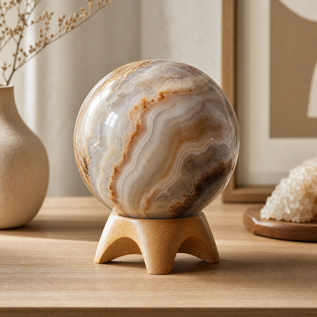 Natural Stone Sphere With Wood Stand