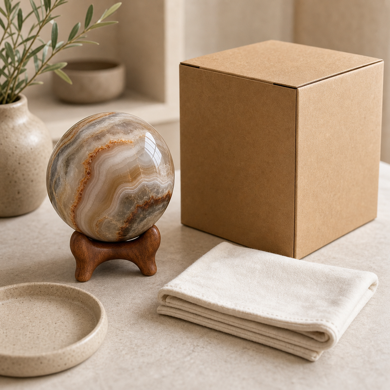 Natural Stone Sphere With Wood Stand