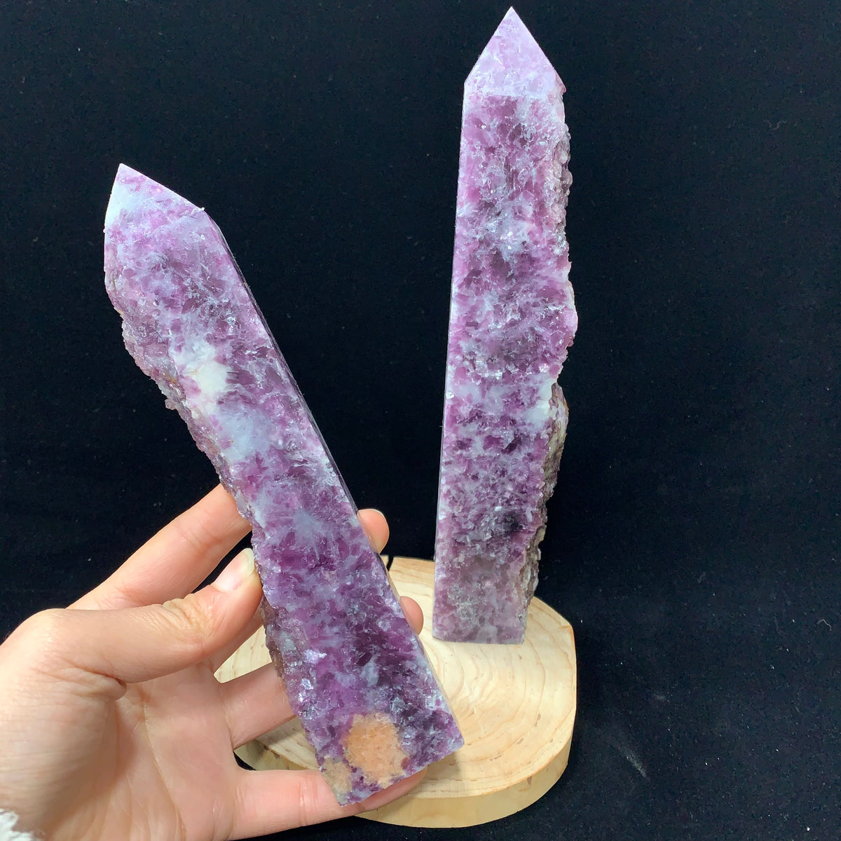 Natural lepidolite tower close-up
