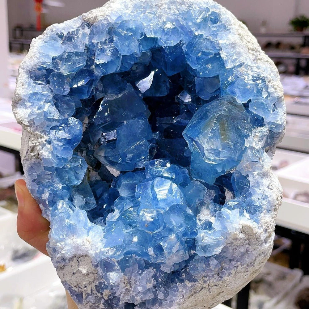 Blue celestite geode crystal close-up