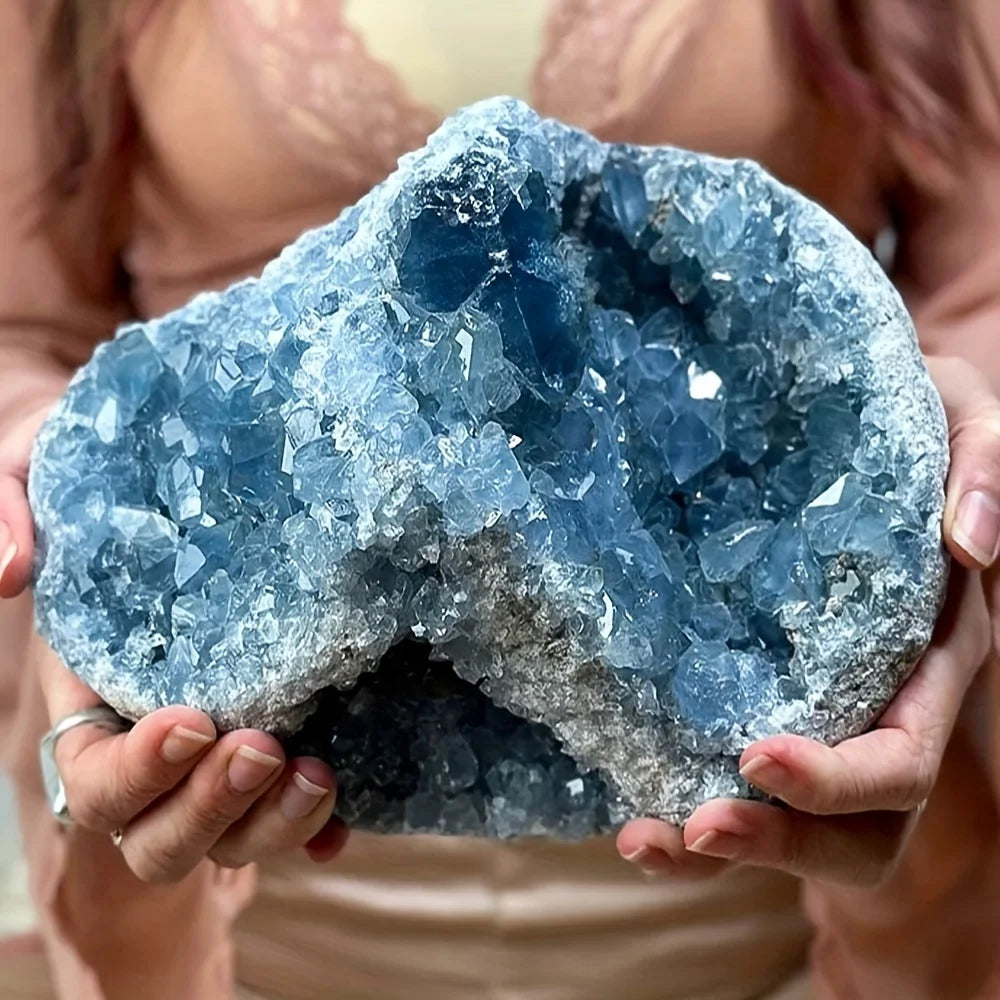 Blue celestite geode reference view