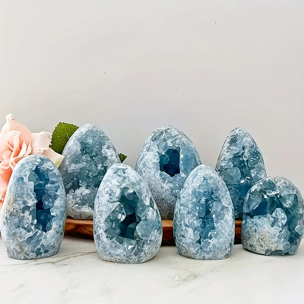 Blue celestite geode reference view